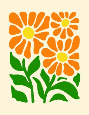 Soyut botanik posteri. Bej arka planda çeşitli çiçek desenleri var. Saf sanat dekoru. Moda el çizimi vektör illüstrasyonu