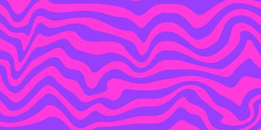 Renkli dalgalarla soyut yatay psikedelik arkaplan. 60 'lar ve 70' lerde modaya uygun vektör çizimi. Pembe ve mor renkler