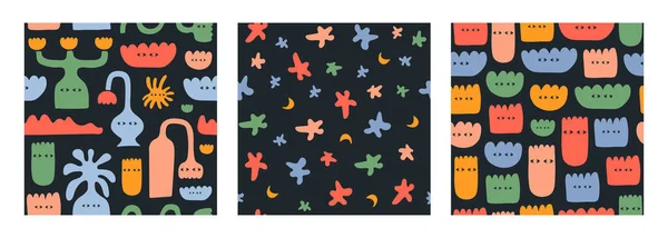 Rengarenk, tuhaf çiçekler ve karalama şekilleri olan soyut, pürüzsüz desenler. Moda el çizimi koyu bir arka planda izole edilmiş hayali karakterler. Vektör illüstrasyonu