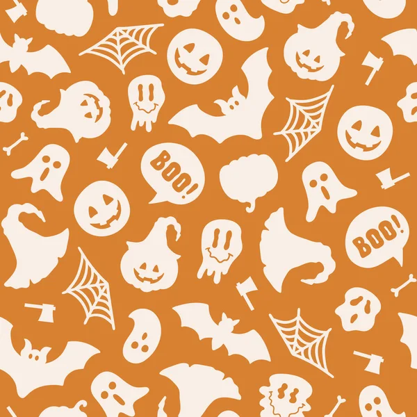 Turuncu arka planda cadılar bayramı silueti elementleri olan tek renkli, pürüzsüz desen. Vektör illüstrasyonu