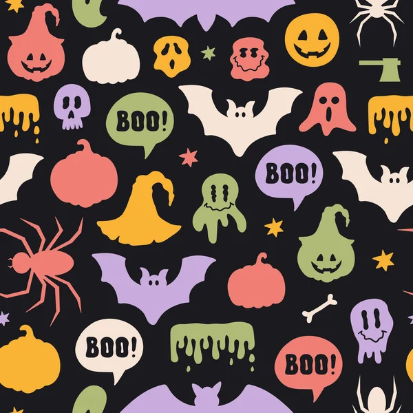 Siyah arka planda cadılar bayramı silueti elementleriyle renksiz desen. Vektör illüstrasyonu