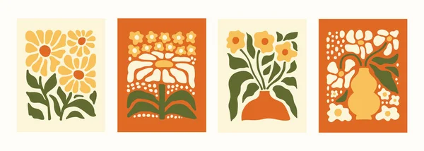 Çeşitli çiçekli, soyut botanik set posterleri. Saf sanat dekoru. Moda el çizimi vektör illüstrasyonu