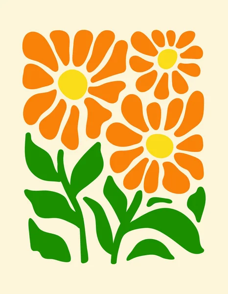 Soyut botanik posteri. Bej arka planda çeşitli çiçek desenleri var. Saf sanat dekoru. Moda el çizimi vektör illüstrasyonu