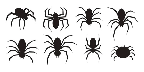 stock vector Vector set of flat silhouetted black spiders isolated on a white background.