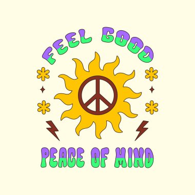 Zihin huzuru, göksel güneş, sihirli elementler, çiçekler ve metin ile eski moda baskı. Hippi 60 'lı, 70' li yıllarda vektör illüstrasyonu. Tüm nesneler izole edilmiştir