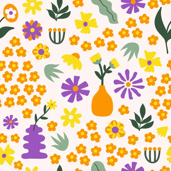 Retro botanik desenli, 60 'lı ve 70' li yaşlarda klasik çiçekli, açık arkaplan. Saf sanat baskısı. Moda vektör illüstrasyonu.