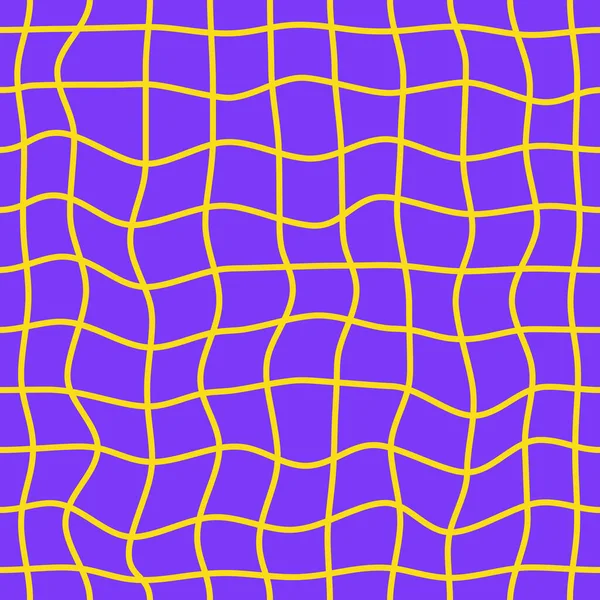 Mor bir arka planda sarı dalgalı şebeke desenli, minimalist, parlak, kareli, pürüzsüz desen. Vektör doğrusal geometrik arkaplan
