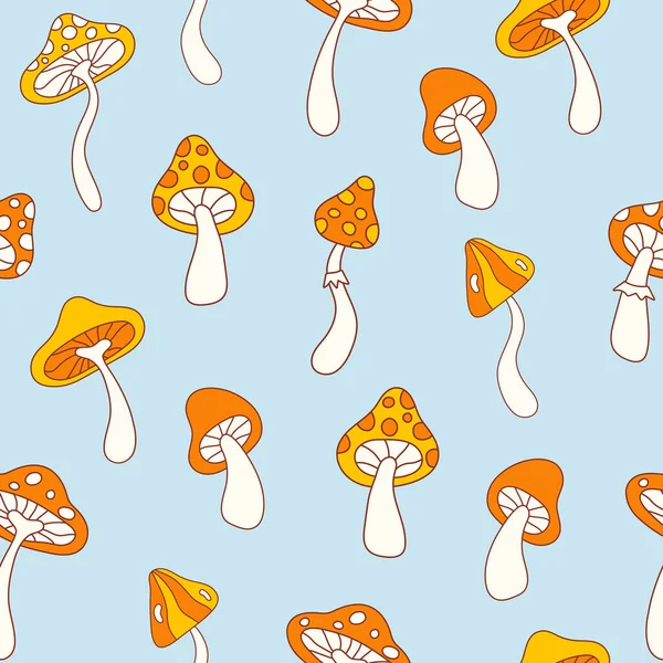 stock vector Floral hippie seamless pattern with cute mushrooms on a blue background. Groovy retro vintage print in style 70s, 80s. Vector illustration