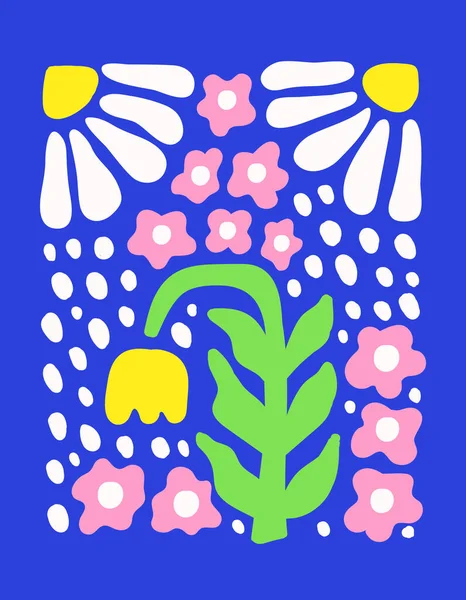 Affiche Botanique Abstraite Avec Diverses Fleurs Fleuries Sur Fond Bleu — Image vectorielle