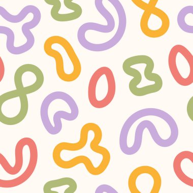 Gökkuşağı organik şekilli, 60 'lı, 70' li yıllarda yatay arka plan. Soyut, pürüzsüz desen. Moda vektör illüstrasyonu. Pastel renkler