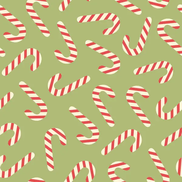 Retro Groovy Minimales Nahtloses Muster Mit Weihnachtssüßigkeiten Auf Grünem Hintergrund — Stockvektor