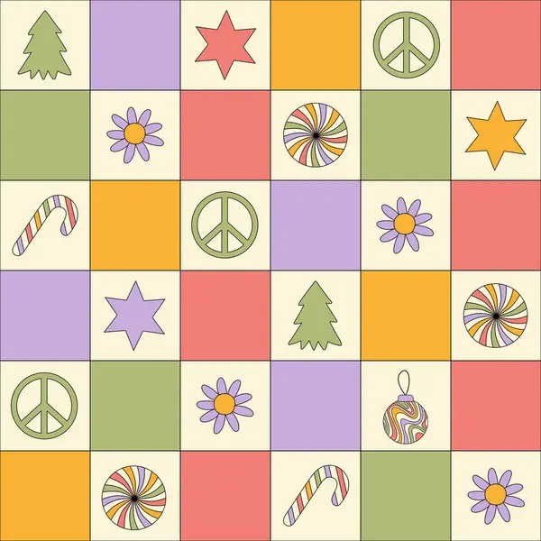 Retro Groovy Christmas Seamless Pattern Mit Schachbrett Und Niedlichen Hippie — Stockvektor