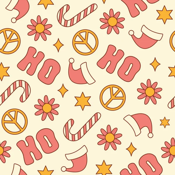Hippie Groovy Christmas Seamless Pattern Retro Festlicher Floraler Hintergrund Stil — Stockvektor
