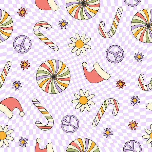 Hippie Groovy Christmas Seamless Pattern Retro Festlicher Floraler Hintergrund Stil — Stockvektor