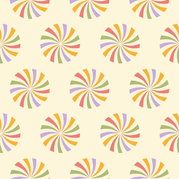 Pastel, bej arka planda daire şeklinde gökkuşağı şekerleri olan minimalist, pürüzsüz bir desen. Antika yılbaşı baskısı 60 'lar, 70' ler tarzında. Vektör illüstrasyonu