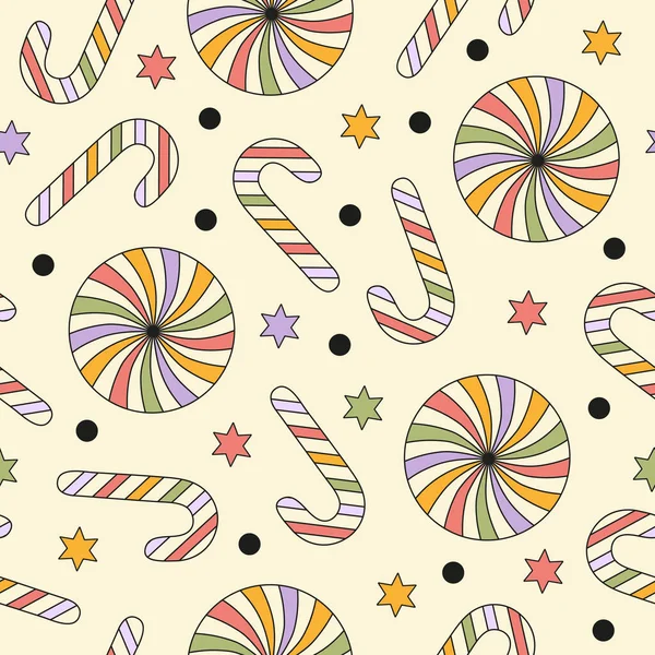 Retro Groovy Nahtloses Muster Mit Weihnachtssüßigkeiten Auf Beigem Hintergrund Pastellfarben — Stockvektor