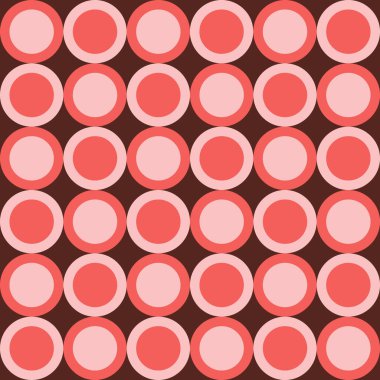 60 'lar, 70' ler tarzında estetik bir model. Koyu kahverengi arka planda tek renkli daireler. Geometrik vektör baskısı