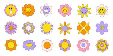 Modaya uygun retro beyaz arka planda izole edilmiş komik çizgi film çiçekleri. Moda bitkileri 60 'lar, 70' ler tarzında paketlenir. Vektör illüstrasyonu