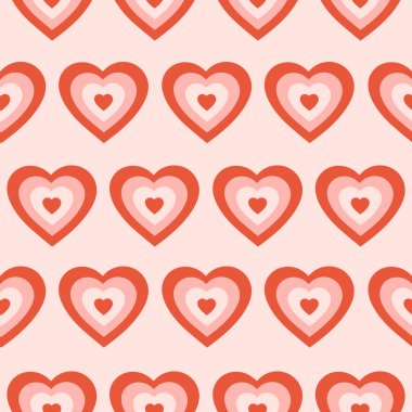 Mükemmel romantik kalpler kusursuz desen. Tekstil, ambalaj kağıdı, web tasarımı ve 60 'lı, 70' li yıllarda sosyal medya için hippi retro baskısı. Vektör illüstrasyonu