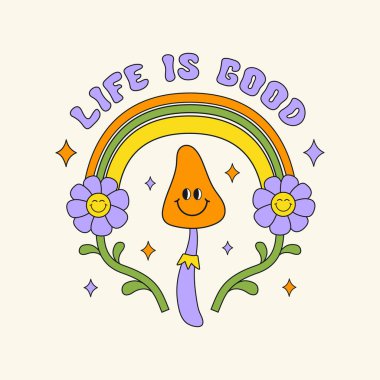 Hayat iyi bir geçmişe dönük hippi tasarım çizimi, bej bir arka planda izole edilmiş pozitif mesaj ifadesi. 70 'li, 80' li yıllarda modaya uygun vektör baskısı