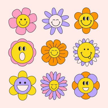 Modaya uygun retro beyaz arka planda izole edilmiş komik çizgi film çiçekleri. Moda bitkileri 60 'lar, 70' ler tarzında paketlenir. Vektör illüstrasyonu