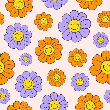 Hafif bir arka planda gülümseyen çiçeklerle mükemmel, pürüzsüz bir desen. 60 'lar, 70' ler tarzında şirin renkli vektör çizimi
