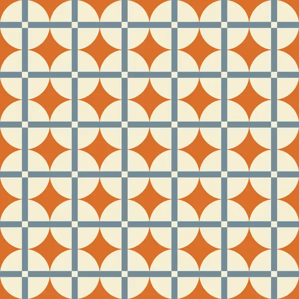 60 'lar, 70' ler tarzında estetik bir model. Geometrik daireler ve turuncu arka planda doğrusal ızgara. Moda vektör baskısı. Mavi, turuncu ve bej renkler