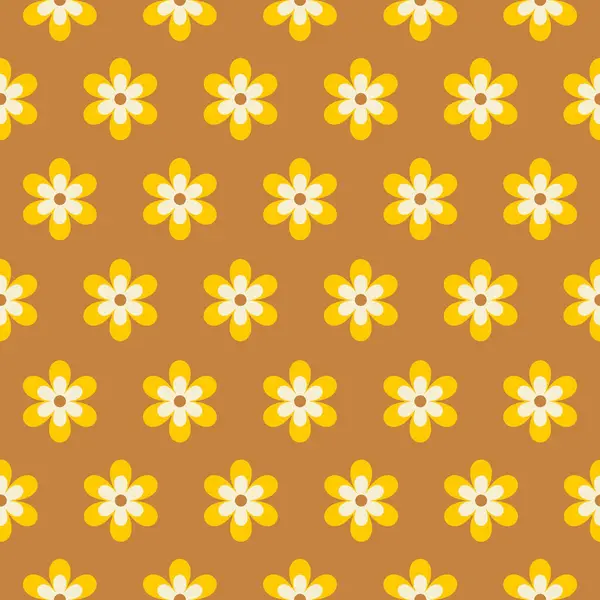 Hardal zemininde geometrik papatya çiçekleri olan soyut retro dikişsiz desen. 60 'lı, 70' li yıllarda renkli vektör çizimi