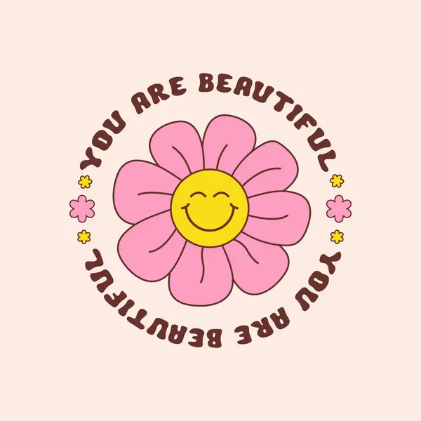 Çok güzel yuvarlak, modaya uygun bir illüstrasyonun var. Vektör Gülen Çiçek Simgesi. Klasik slogan t-shirt baskı tasarımı 60 'lar, 70' ler