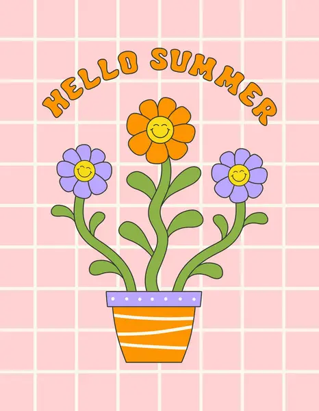 Hello Summer Retro Hippie Design Illustration Positive Message Phrase Isolated Vector Graphics