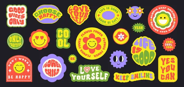 Trendy Colorful Set Stickers Smiling Face Text Isolated Black Background Royalty Free Stock Vectors