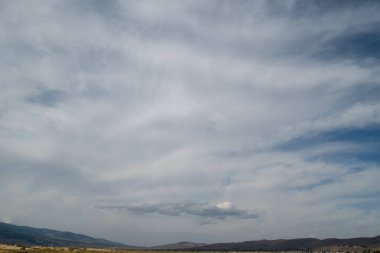 Washoe Gölü Eyalet Parkı 'ndaki minimalist kompozisyon. Yüksek çöl manzarasında gökyüzü günü fotokopi alanı ve yeşil çimenler, Nevada, ABD