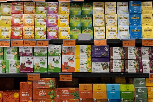 stock image Petropolis, RJ, Brazil. 19 December 2023. Supermarket store shelf with various brands of tea bags, with price tags underneath of them