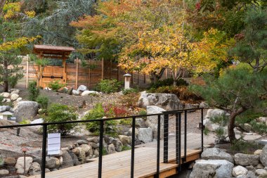 Autumn colors at Japanese Garden, Lithia Park, Ashland, Oregon, in 2023, including foot path, fence and wooden gate clipart