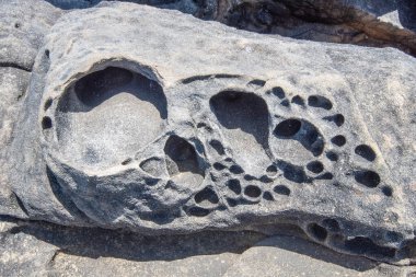 Denizin derinliklerinde oluşan eğimli kumtaşı katmanları, 40 ila 60 ME, Salt Point State Park, CA, ABD