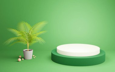Yeşil sahne arka planına sahip minimal podyum ve çanakta sarı avuç içi, ürün sergisi için geometri biçimi platformu, modern sahne. 3 Boyutlu resimleme.