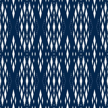 Beyaz eşkenar dörtgen desenli kusursuz desen kumaş, kağıt ya da duvar kağıdı için kullanılan mavi bir arkaplanda güzel bir desen oluşturuldu. Vektör illüstrasyonu.