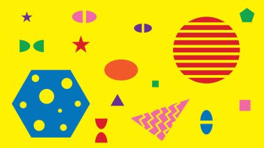 Soyut renkli arkaplan, mavi, kırmızı, sarı, yeşil, pembe, turuncu ve geometrik şekilli mor renk. Vektör illüstrasyonu.