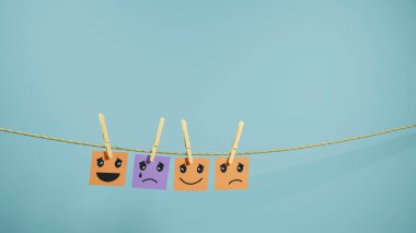 Kağıt notlar hüzünlü bir kağıt notla alay ediyor, 3D resim.