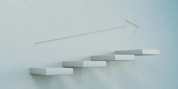 Four floating white steps and soft lighting plus an arrow on the wall, capture a visual climbing concept, isometric view, 3D image