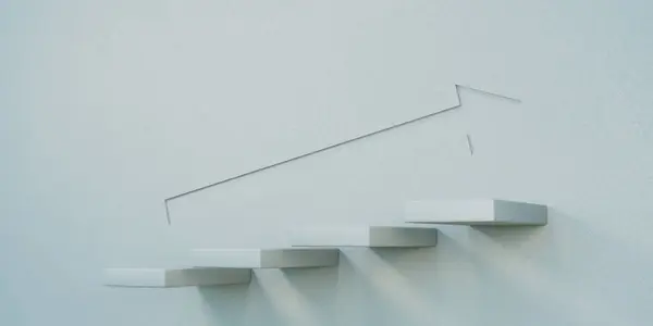 Four floating white steps and soft lighting plus an arrow on the wall, capture a visual climbing concept, 3D illustration
