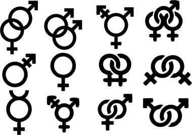 Cinsiyet sembolleri belirlendi. Cinsel yönelim simgeleri. Erkek, kadın, transseksüel, eşcinsel, lezbiyen, biseksüel, biseksüel, travesti, cinsiyetçi ve çift cinsiyetli. Posta ve pankartlarda yeniden kullanım için yüksek çözünürlük. 