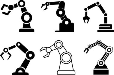 Tırtıl Robotik el manipülasyonu siluet sembolleri. Kazıcı Robot uzuvları logosu. Robot kolları. otomatik, yüksek çözünürlüklü robot. 
