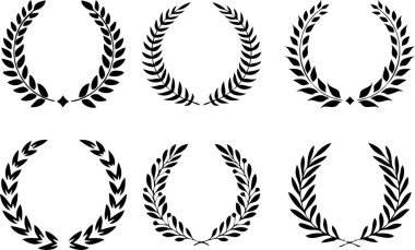 Dairesel defne çelenklerinin yüksek çözünürlüklü silueti ödül, başarı., dairesel yapraklar şubeler. Ödül logosu için tasarım yardımı, kazanan yuvarlak amblem.