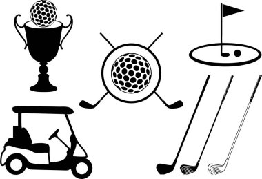 Golf sporu sembolleri. Sopa kafa ve toplar siluet sembolleri. Golf şampiyonluğu, profesyonel eğlence etkinliği tasarım elementleri golf arabası ile.