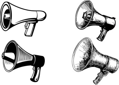 Megafon simgeleri. Pankart, ilan ve poster için hoparlör ve megafon ikonu. Beyaz arka planda yüksek çözünürlüklü iş pazarlama sembolü.