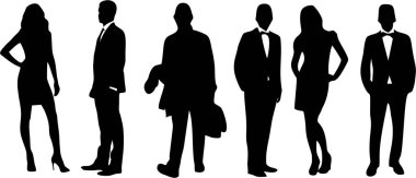 İş adamları bayanlar ve baylar. Bir grup iş adamı ve kadın. Ofis çalışanları. Beyaz arkaplanda soyut izole edilmiş siluetler.