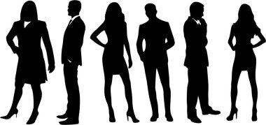 İş adamları bayanlar ve baylar. Bir grup iş adamı ve kadın. Ofis çalışanları. Beyaz arkaplanda soyut izole edilmiş siluetler.