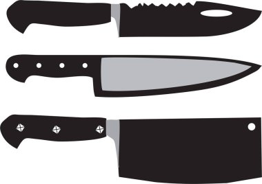  Kasap aletleri ve beyaz arka planda farklı mutfak bıçakları. Kasap bıçakları ve et satırı, şef bıçak ikonları. Restoranlar, mutfaklar, kasaplar için et bıçakları ikonları. 