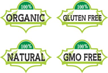 Yemek rozeti koleksiyonu. Glüten, GDO ve laktozsuz, sağlıklı, doğal, organik ve vegan gıda etiketleri. Ürün etiketi ve pazarlama afişi, afişi veya internet broşürü.